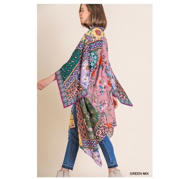 𝅺MIXED Scarf Print Angel Sleeve Open Front Kimono - Picture 5 of 10